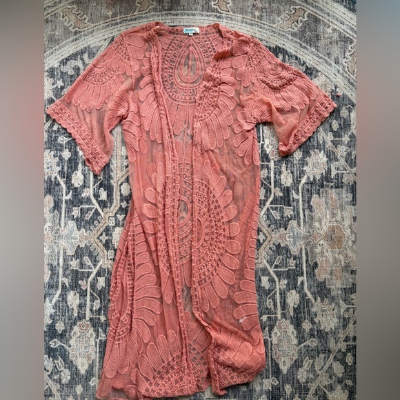 Jackets & Blazers - Crochet Lace Duster in Coral Pink